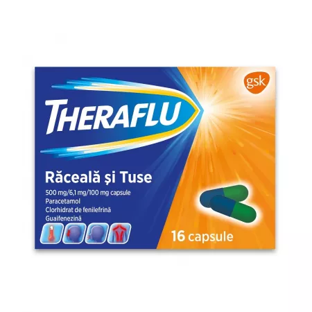 Medicamente răceală și gripă - Theraflu răceală și tuse 500 mg/6,1 mg/100 mg * 16 capsule, clinicafarm.ro
