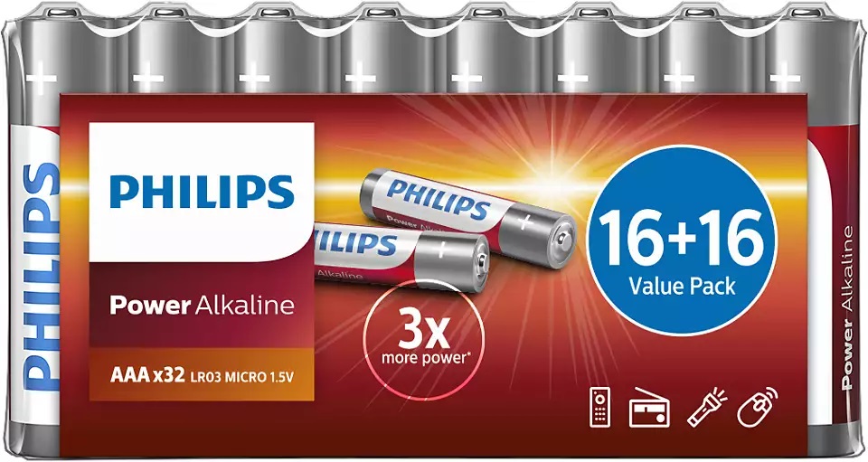 Baterie Philips Power Alkaline LR03P32FV/10, tip AAA, 1.5V, set 32 bucati