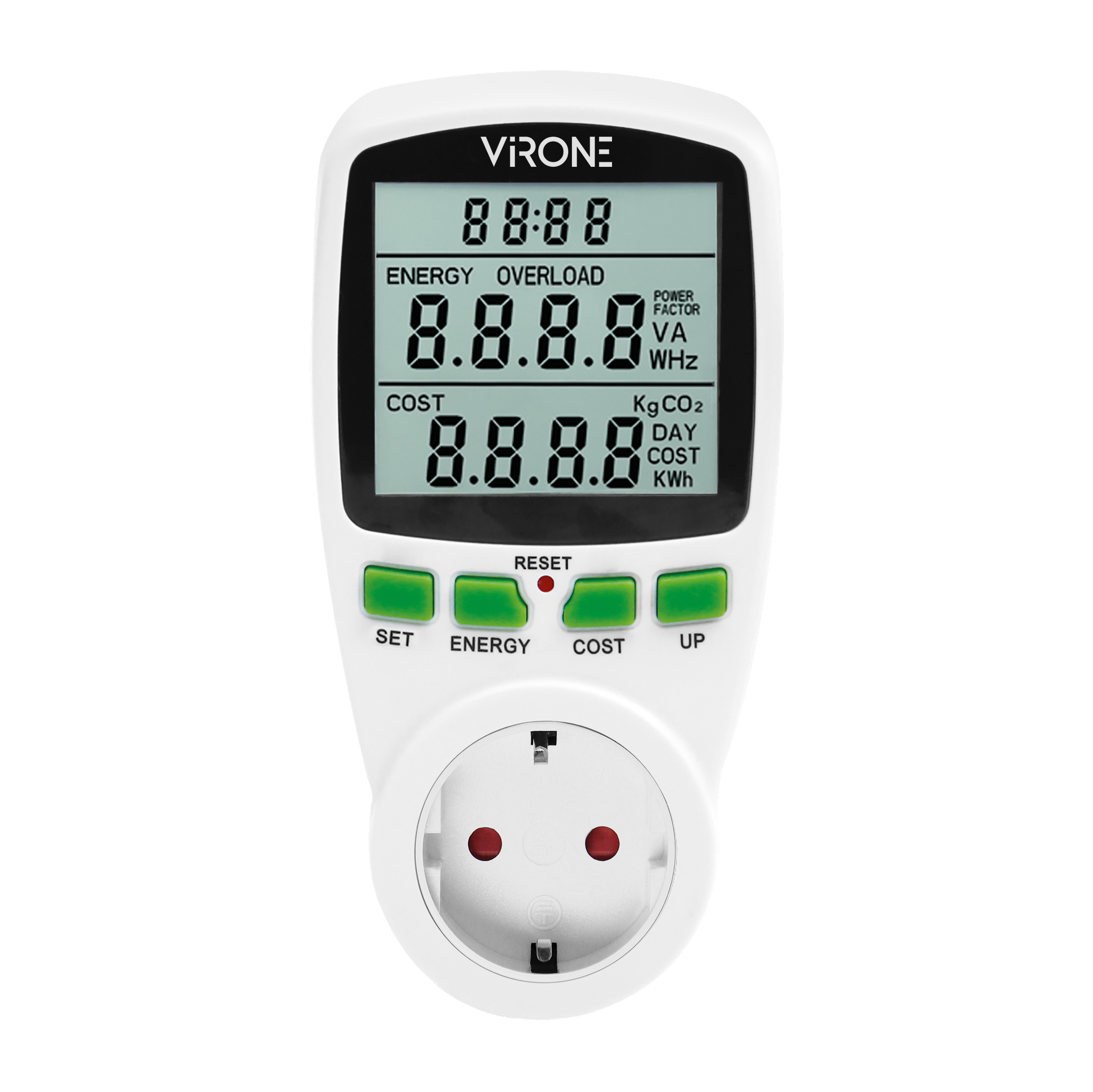 Calculator de energie cu afisaj LCD VIRONE EM-4(GS), 3680W, 16A, schuko, baterie incorporata, tarif unic, alb