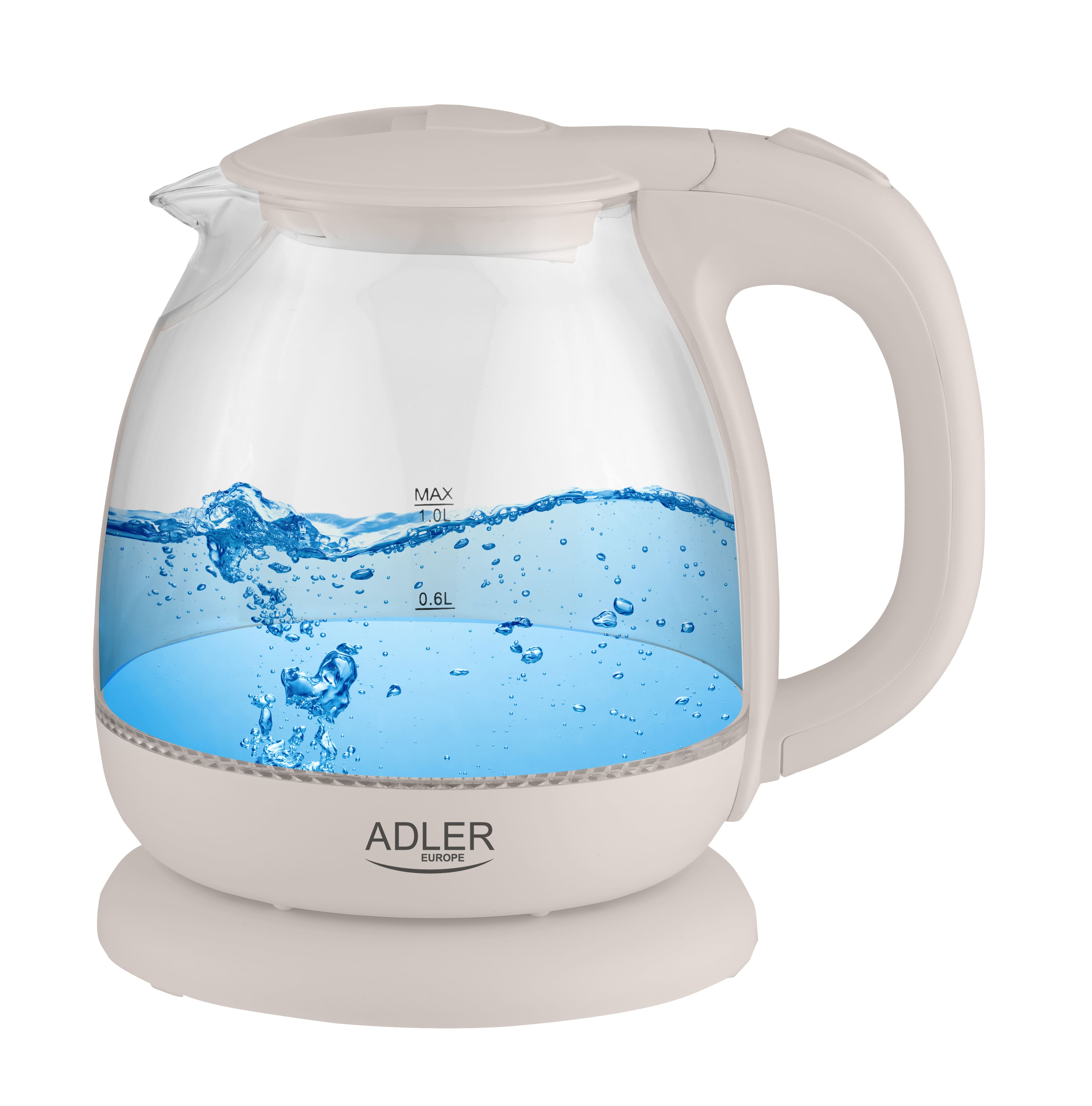 Fierbator de apa Adler AD 1283C, 1100W, 1.0 L, rotire 360°, iluminare LED, indicator nivel apa, deconectare automata, vas sticla, crem