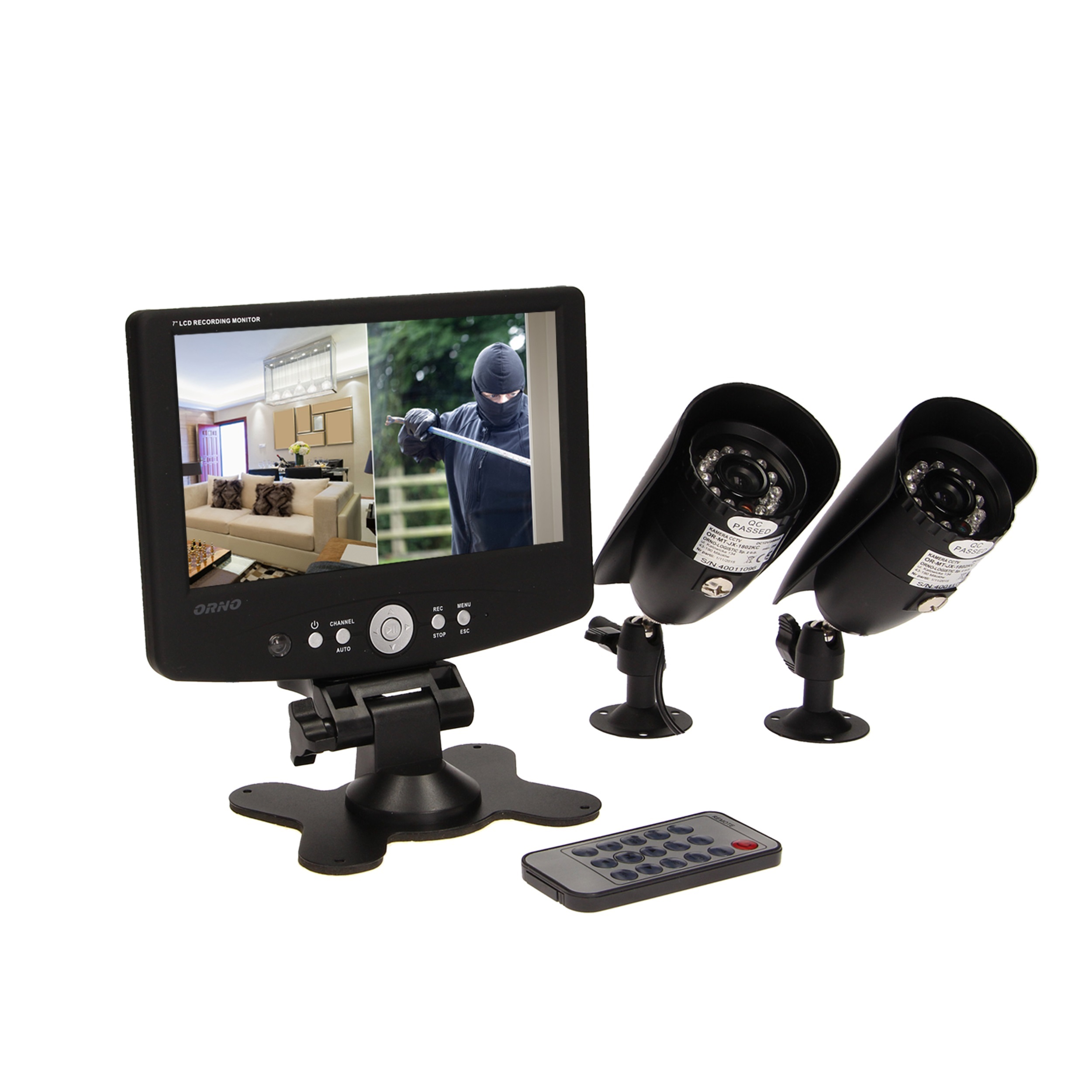 Kit supraveghere video ORNO OR-MT-JX-1802, 2 camere, LED-uri IR, IP65, LCD TFT 7 ", 3 moduri de inregistrare, senzor miscare, slot card SD / Mini SD, telecomanda, negru