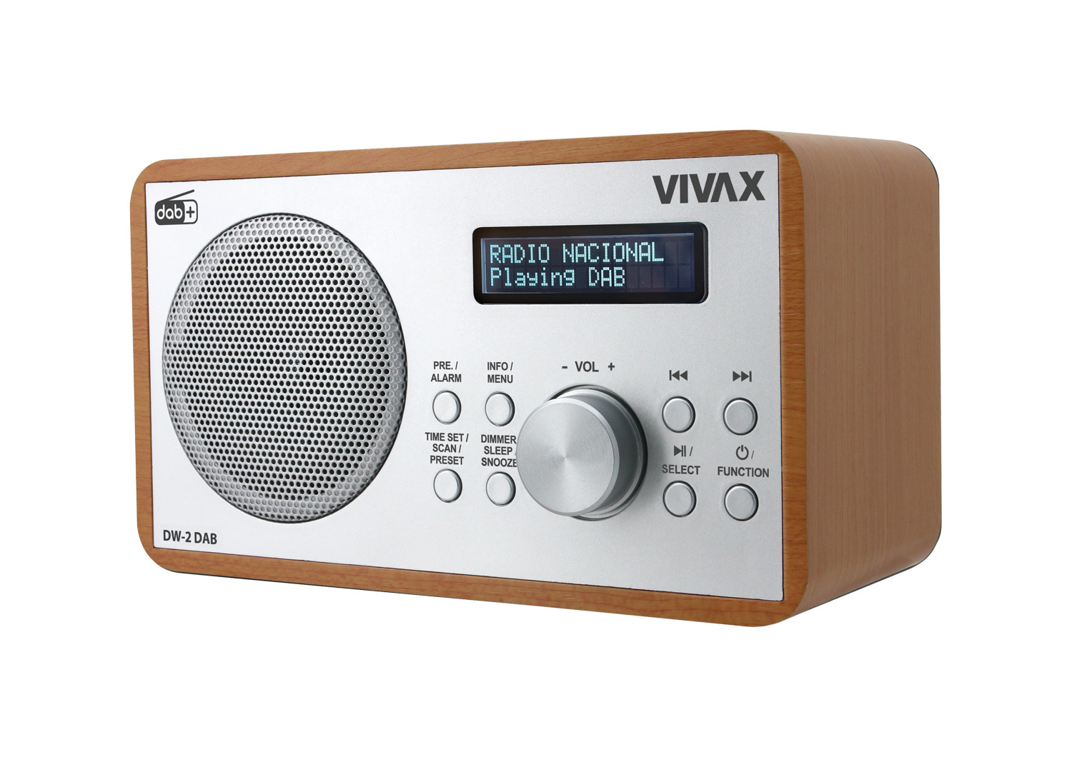 Radio cu ceas Vivax DW-2 DAB, 5W, FM, DAB+, Bluetooth, afisaj LED, 30 posturi presetate, carcasa lemn, maro