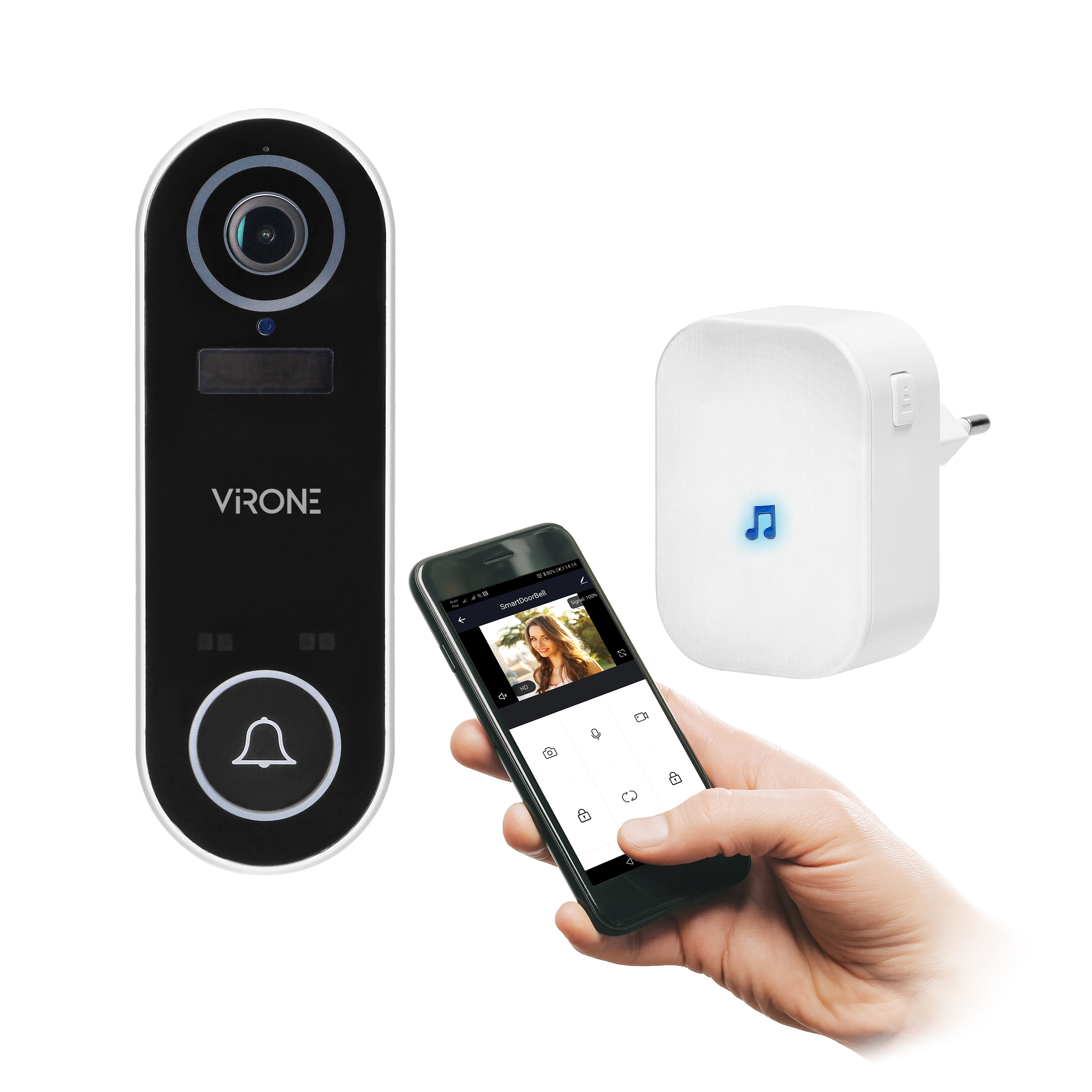 Sonerie video wireless VIRONE VDB-1, pentru o familie, FullHD, slot card SD, 80 m, Tuya Smart, 230V, 60 tonuri, senzor de miscare, IP65, negru/alb