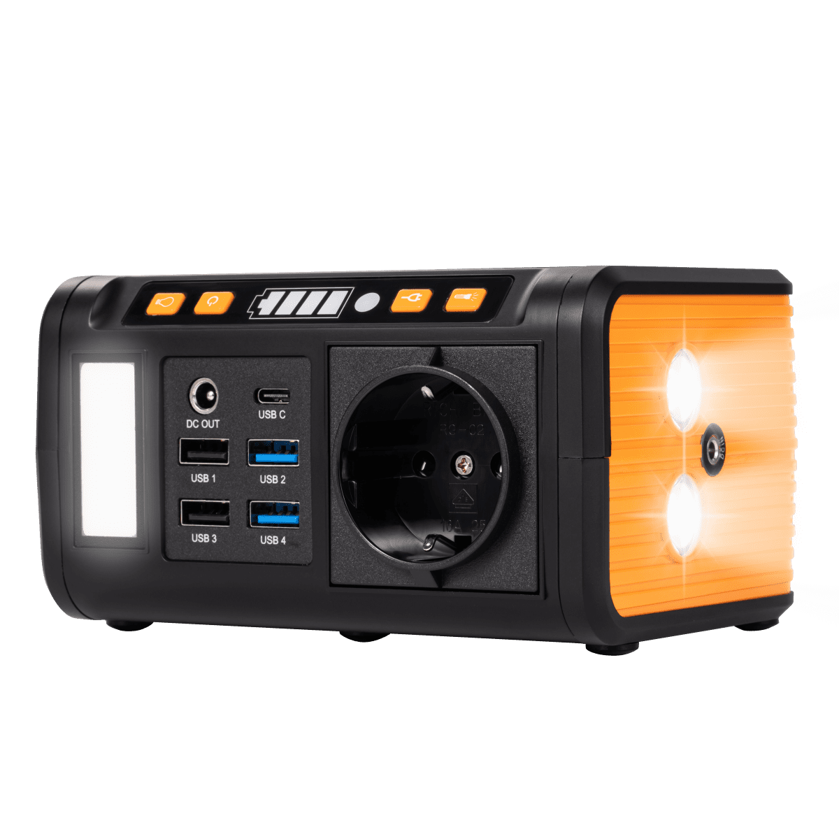Statie incarcare mini Technaxx TX-205, 74Wh, 80W, USB-C, USB-A, QC3.0, 1 x 230V, lanterna, priza auto, incarcare DC/solara(optional), negru/portocaliu