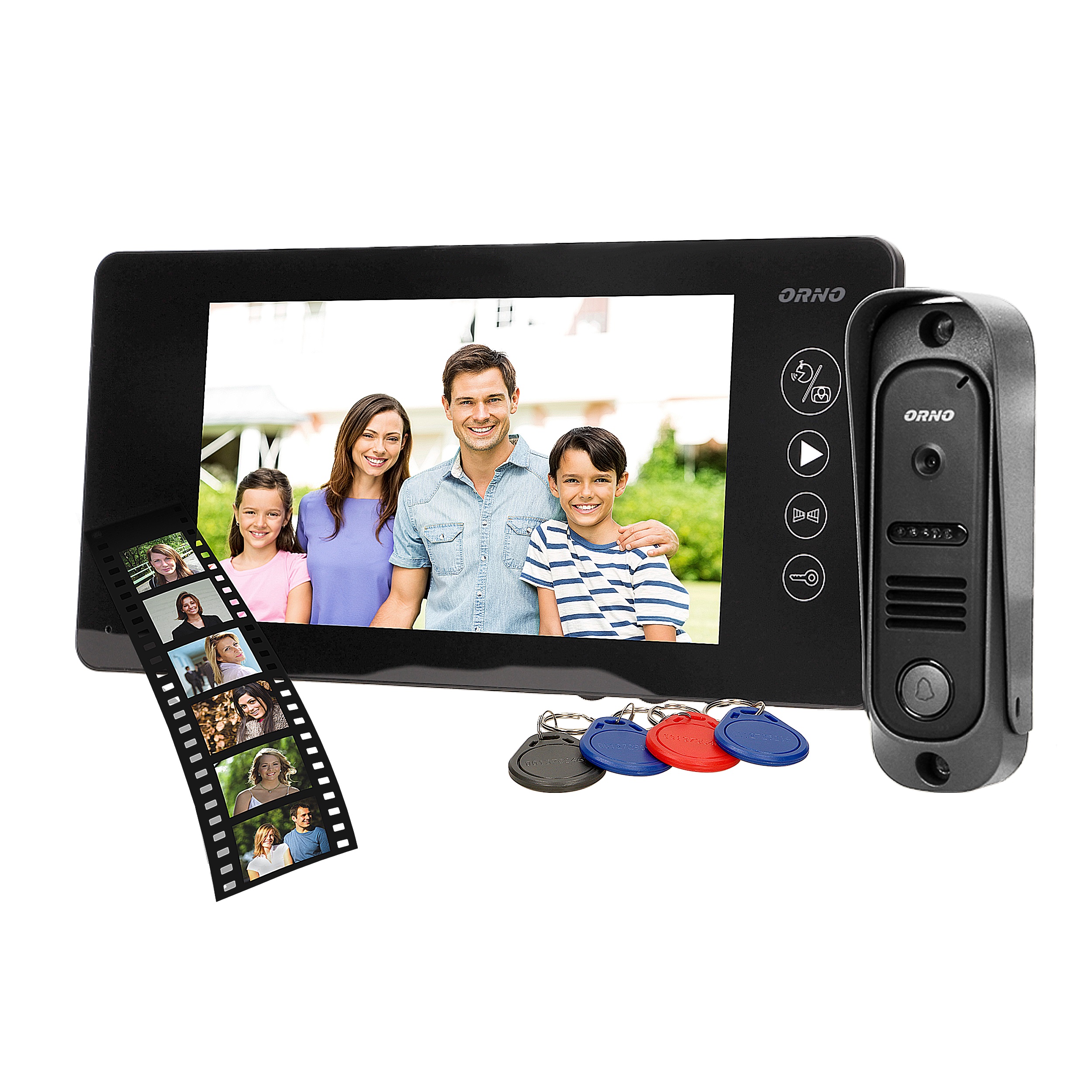 Videointerfon pentru o familie ARCUS ORNO OR-VID-JS-1053/B, color, monitor ultra-plat LCD 7", control automat al portilor, 9 sonerii, infrarosu, deschidere cu ajutorul etichetelor de proximitate, negru