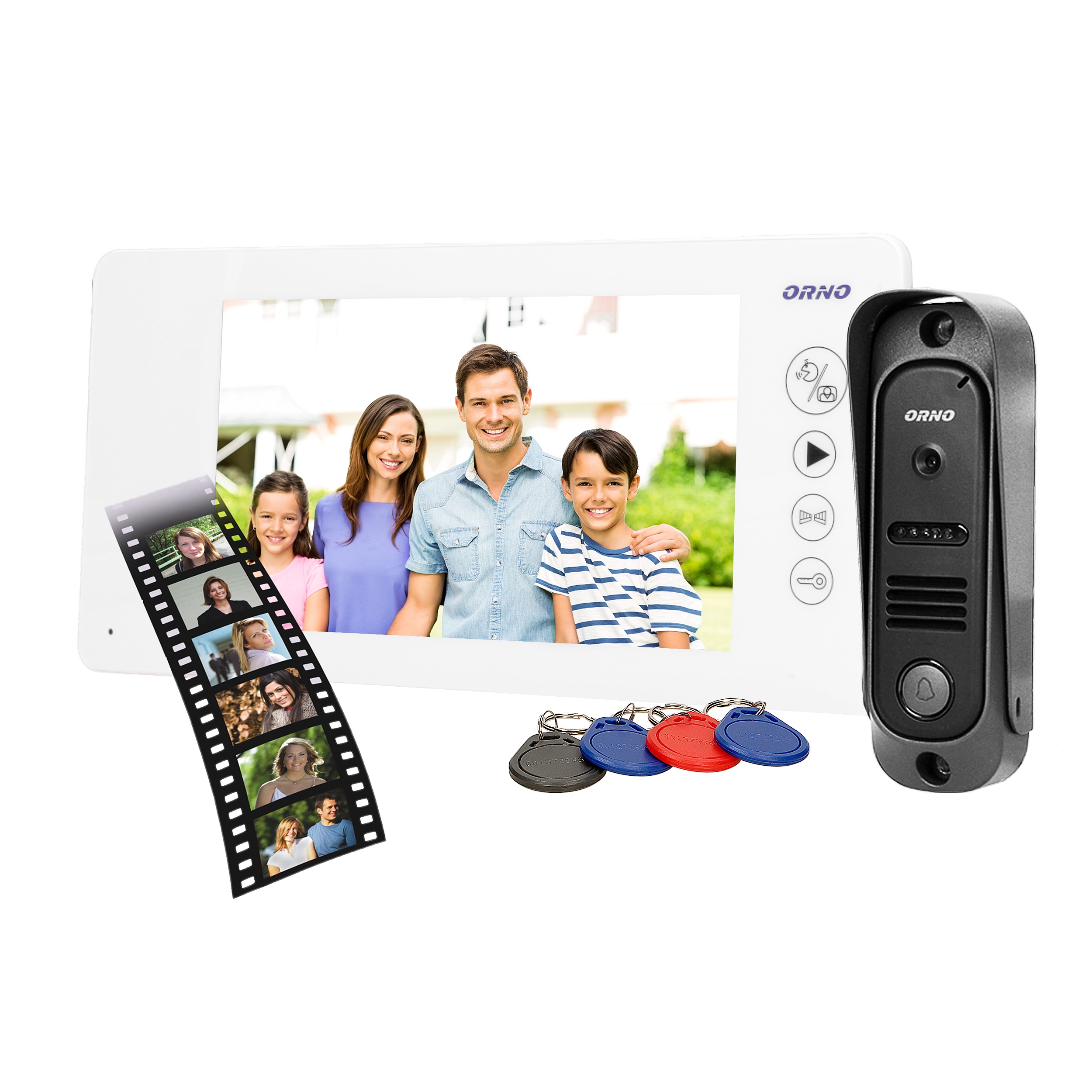 Videointerfon pentru o familie ARCUS ORNO OR-VID-JS-1053/W, color, monitor ultra-plat LCD 7", control automat al portilor, 9 sonerii, infrarosu, deschidere cu ajutorul etichetelor de proximitate, alb/negru