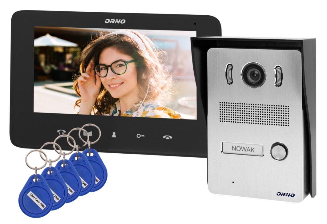 Videointerfon pentru o familie INDI N ORNO OR-VID-VP-1069/B, color, monitor ultra-plat LCD 7", control automat al portilor, 16 sonerii, functie intercom, deschidere cu ajutorul etichetelor de proximitate, negru/gri