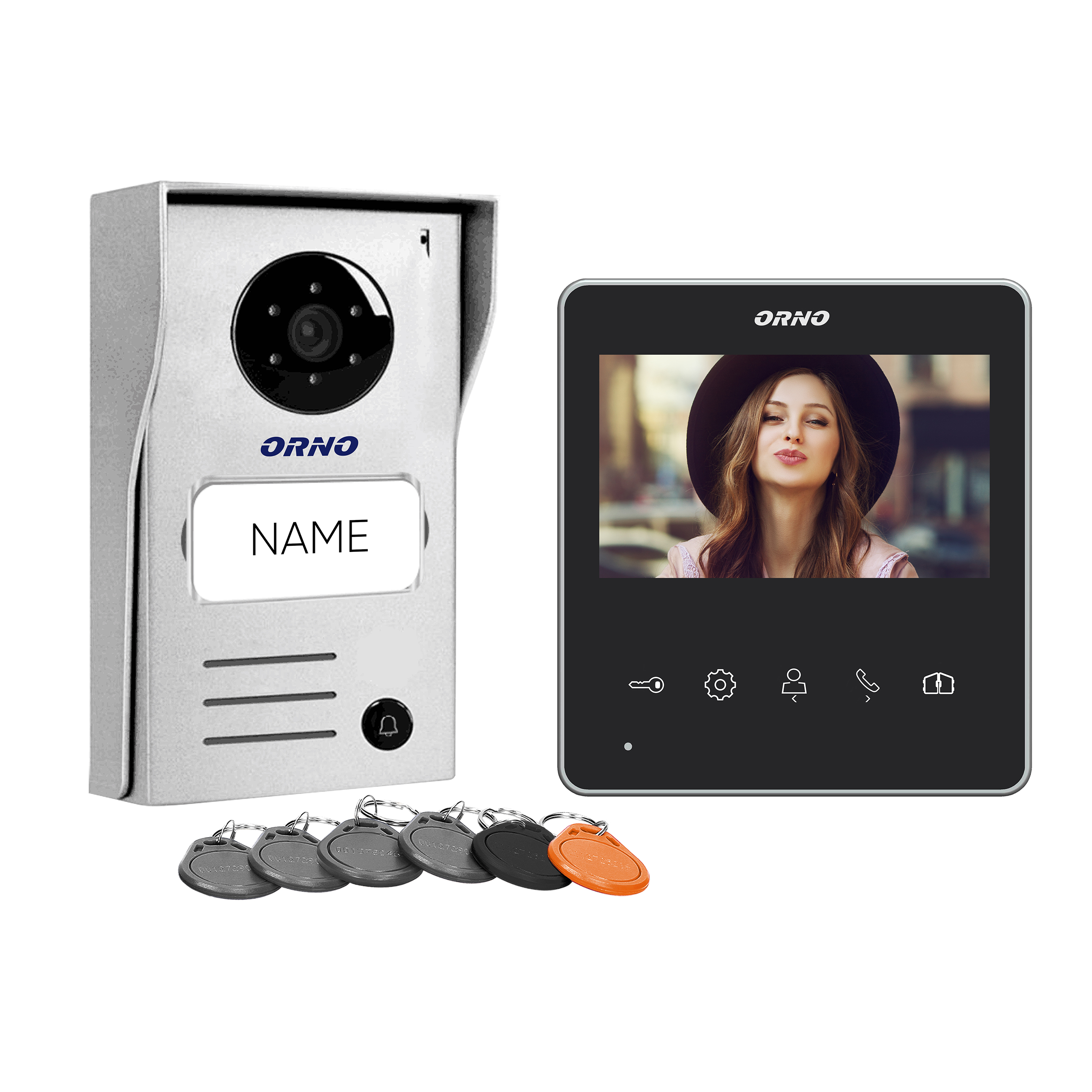 Videointerfon pentru o familie ORNO NAOS RFID OR-VID-SH-1074, color, monitor LCD 4.3", control automat al portilor, 10 sonerii, infrarosu, deschidere cu ajutorul etichetelor de proximitate, gri/negru