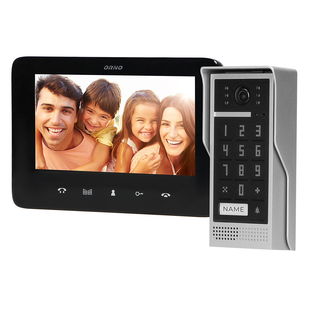 Videointerfon pentru o familie SCUTI ORNO OR-VID-VP-1073/B, color, monitor ultra-plat LCD 7", control automat al portilor, 16 sonerii, functie intercom, tastatura numerica, negru/gri