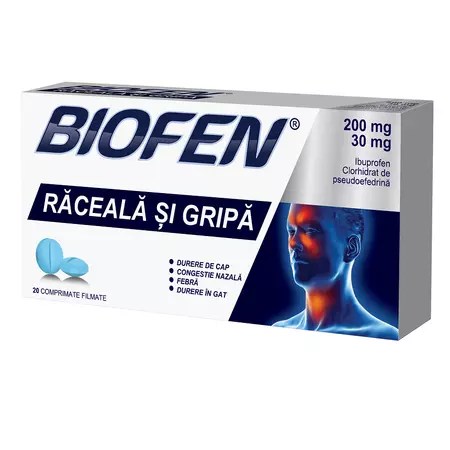 Biofen raceala si gripa, 200 mg/30 mg, 20 comprimate filmate, Biofarm