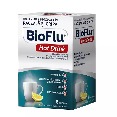 Bioflu Hot Drink, 500 mg/200 mg/4 mg granule pentru soluţie orală, 8 plicuri, Biofarm