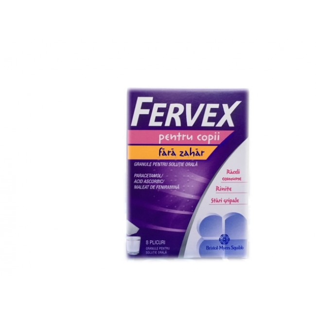 Fervex pentru copii, fara zahar, 280mg/100 mg/10 mg, 8 plicuri, Bristol-Myers Squibb