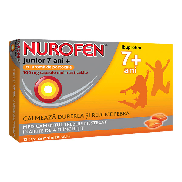 Nurofen Junior cu aroma de portocale 7+ ani, 100 mg, 12 capsule moi masticabile, Reckitt Benckiser