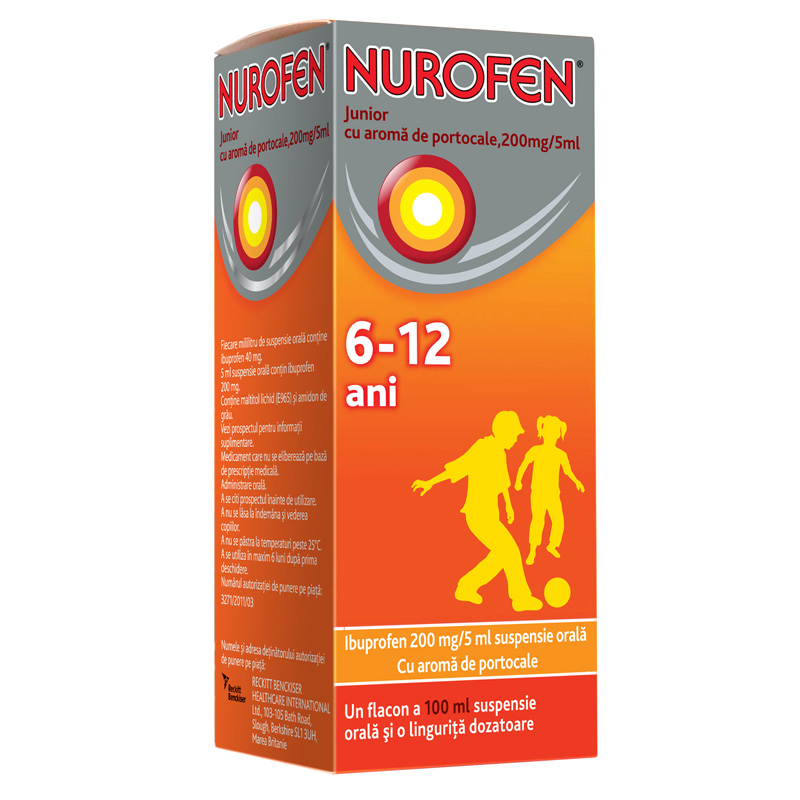 Nurofen, sirop Junior, 6-12 ani, 40mg/ml, aroma portocale, 100ml, Reckitt Benckiser
