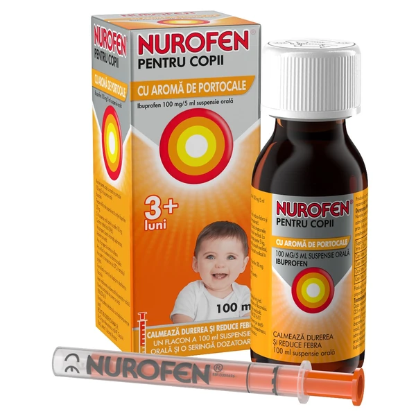 Nurofen sirop pentru copii, 3 luni+, aroma portocale, 100mg/5ml, 100 ml, Reckitt Benckiser 