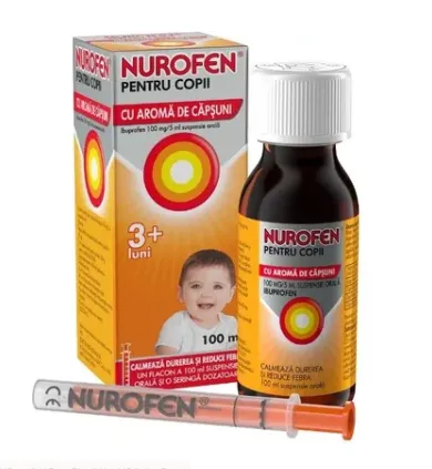 Nurofen sirop pentru copii, 3luni+ aroma capsuni, 100mg/5ml, 100 ml, Reckitt Benckiser
