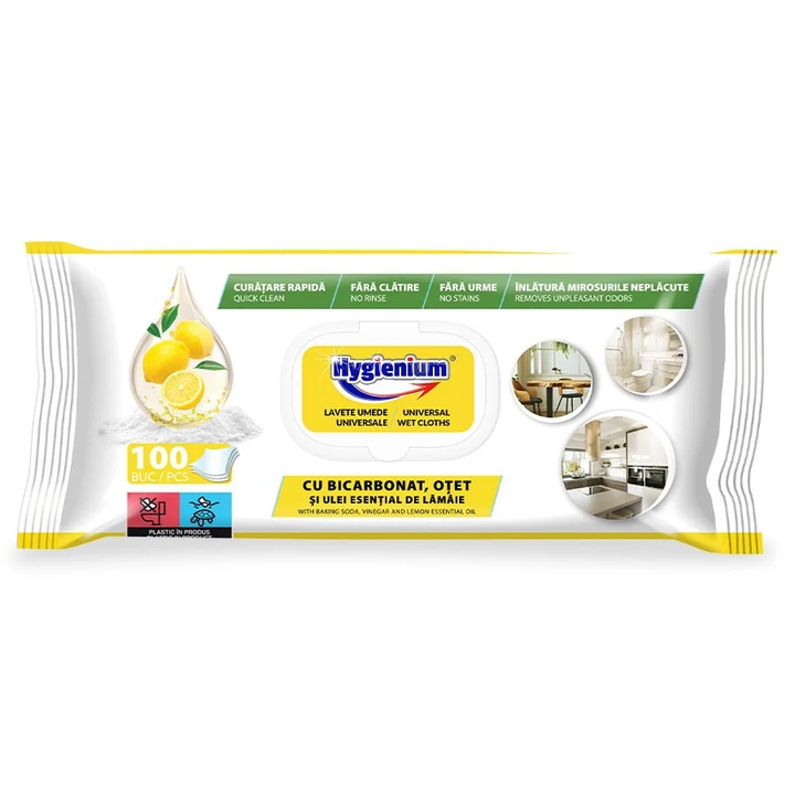 Servetele umede - HYGIENIUM SERVETELE UMEDE UNIVERSALE CU BICARBONAT SI OTET PARFUM LAMAIE 100 BUC
, deterlife.ro