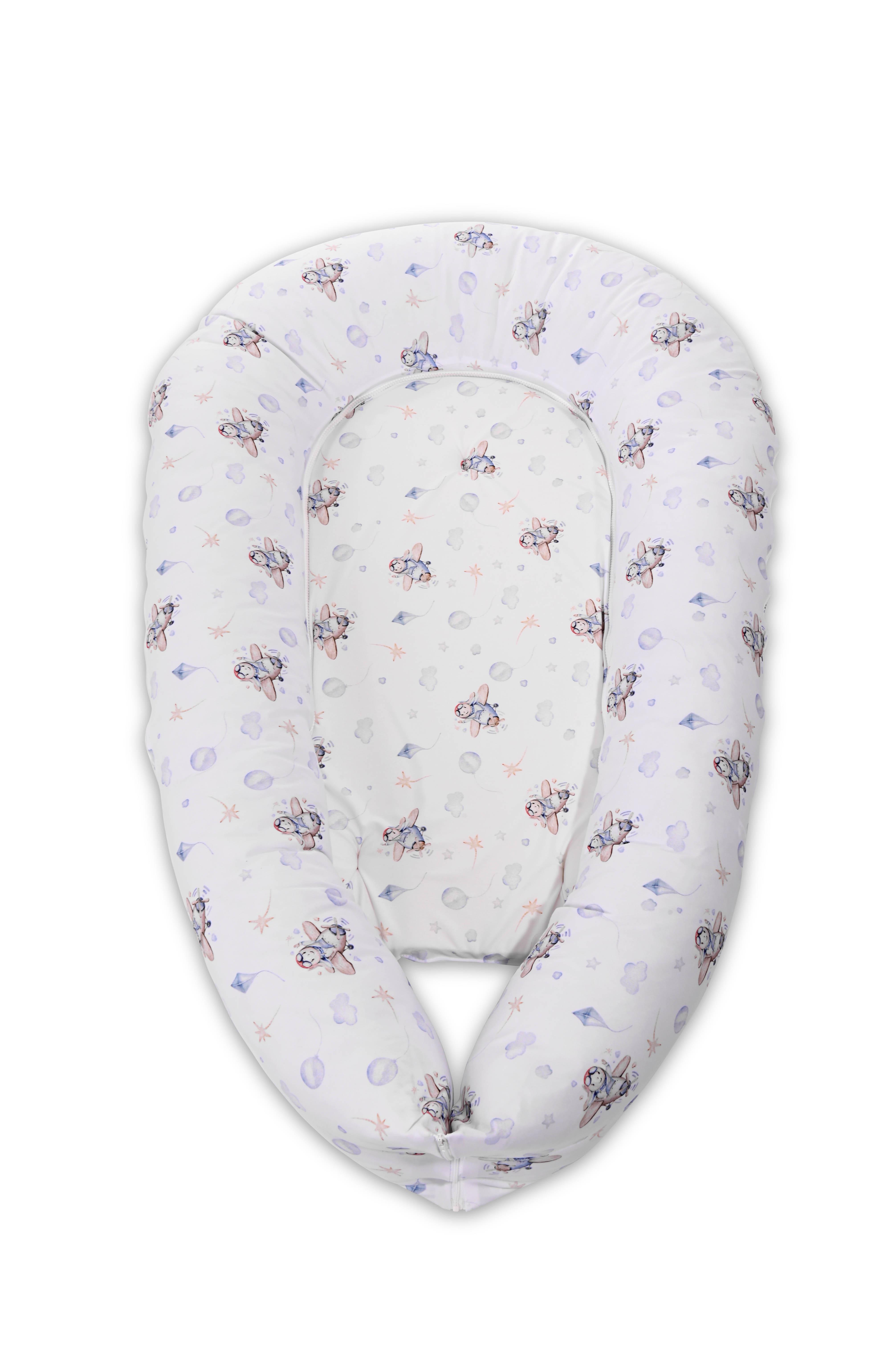 Perne si paturici - Baby Nest 3in1, 110x70x15 cm, husa bumbac ranforce, Planes Blue, bebelorelli.ro