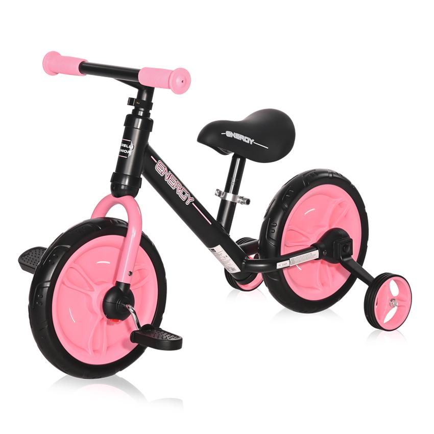 Biciclete - Bicicleta de tranzitie 2in1  Energy, cu pedale si roti ajutatoare, de la 2 ani pana la 5 ani, Roz cu Negru, bebelorelli.ro