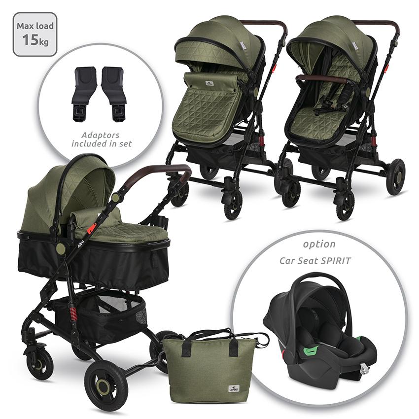 Carucior 2 in 1 - Carucior Alba Premium, landou transformabil, adaptori scoica, de la 0 luni pana la 3 ani, maxim 15 kg, Loden Green, bebelorelli.ro