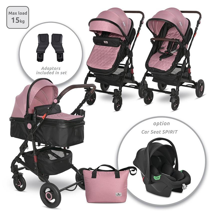 Carucior 2 in 1 - Carucior Alba Premium, landou transformabil, adaptori scoica, de la 0 luni pana la 3 ani, maxim 15 kg, Pink, bebelorelli.ro