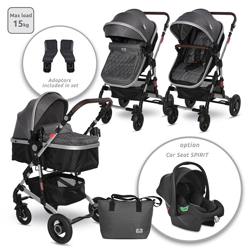 Carucior 2 in 1 - Carucior Alba Premium, landou transformabil, adaptori scoica, de la 0 luni pana la 3 ani, maxim 15 kg, Steel Grey, bebelorelli.ro