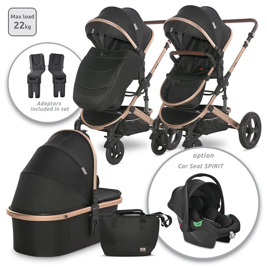 Carucior 2 in 1 - Carucior Boston, cu adaptori cos auto, de la 0 luni pana la 4 ani, maxim 22 kg, landou separat, cadru din aluminiu, cos auto optional, Black, bebelorelli.ro