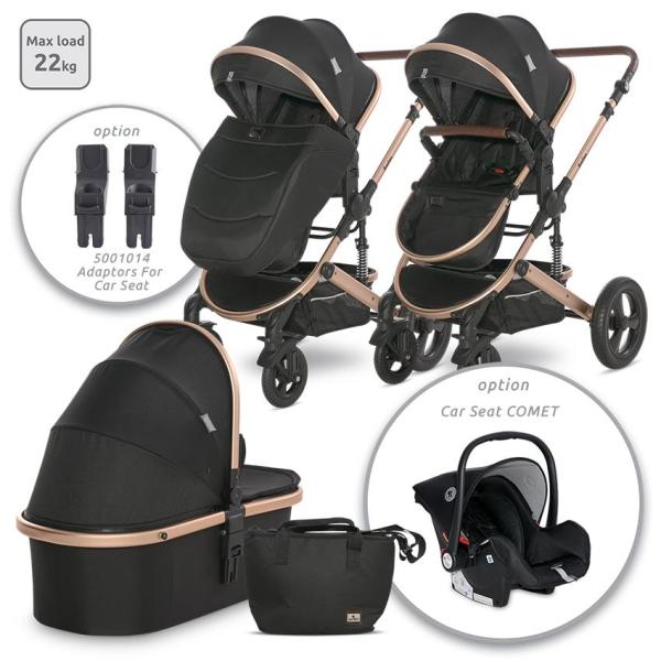 Lichidare de Stoc - Carucior  Boston, de la 0 luni pana la 4 ani, maxim 22 kg, landou separat,  cadru din aluminiu, cos auto optional, Black, bebelorelli.ro