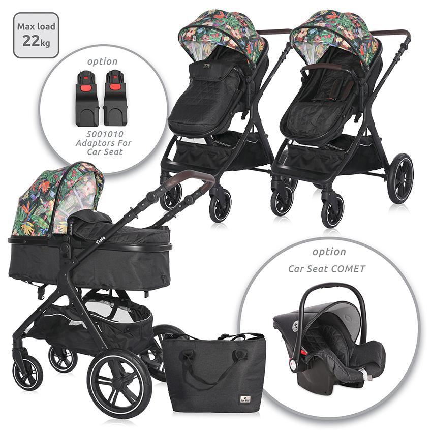 Carucior 2 in 1 - Carucior cu landou transformabil, Viola, de la 0 luni pana la 4 ani, maxim  22 kg, cadru din aluminiu, cos auto optional, Tropical Flowers, bebelorelli.ro