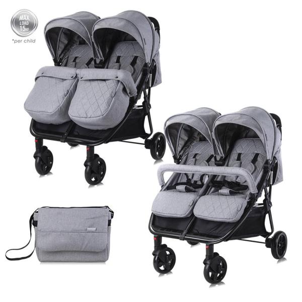 Lichidare de Stoc - Carucior Duo, pentru gemeni, de la 0 luni pana la 3 ani, maxim 30 kg, husa de vreme rece, Cool Gri, bebelorelli.ro