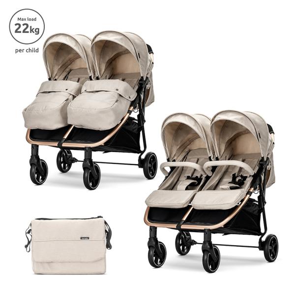 Carucior gemeni - Carucior pentru gemeni, Duo, pana la 22 kg per copil, cadru din aluminiu, spatar reglabil pozitii multiple, geanta pentru mama inclusa, Beige, bebelorelli.ro