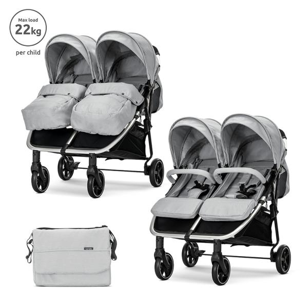 Carucior gemeni - Carucior pentru gemeni, Lorelli, Duo, pana la 22 kg per copil, cadru din aluminiu, spatar reglabil pozitii multiple, geanta pentru mama inclusa, Grey, bebelorelli.ro