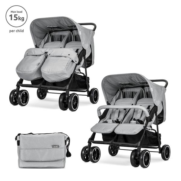 Carucior gemeni - Carucior pentru gemeni, Twin, reglabil individual, pana la 15 kg per copil, geanta pentru mama inclusa, Grey, bebelorelli.ro