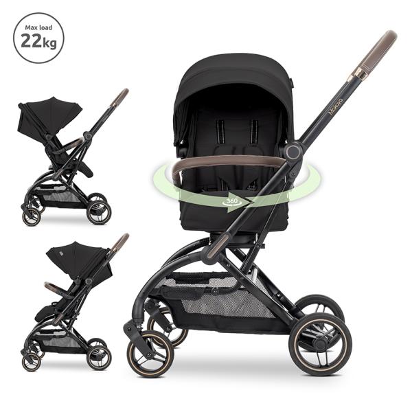 Carucior Standard - Carucior pentru nou-nascut, Makaya, cu scaun rotativ 360 grade, cadru din aluminiu, pana la 22 kg, Black, bebelorelli.ro