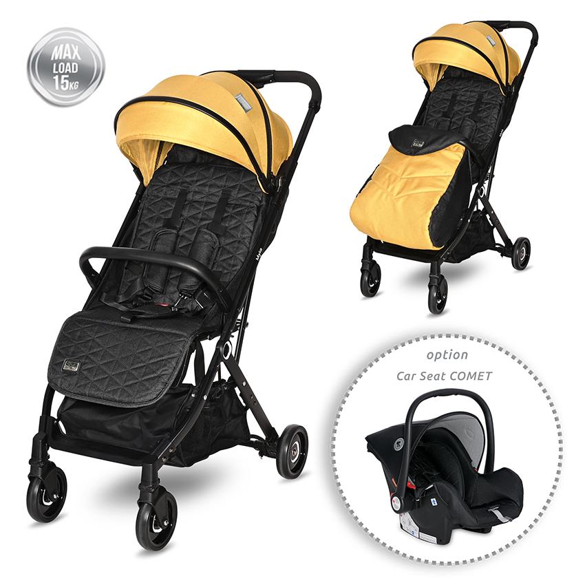 Carucior myla, de la 0 luni pana la 3 ani, maxim 15 kg, cadru din aluminiu, pliere tip troller, cos auto optional, galben cu
