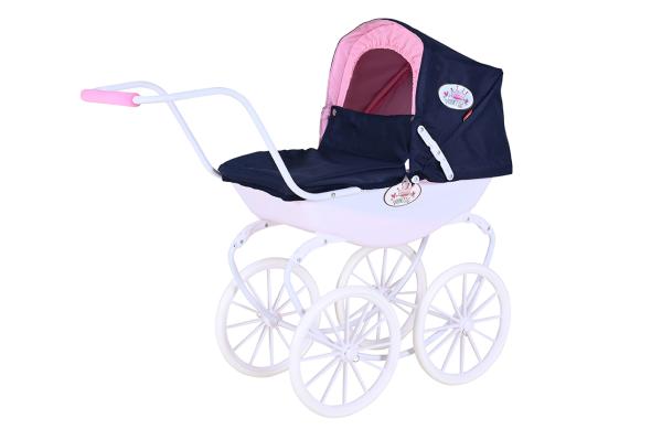 Carucioare papusi si accesorii - Carucior retro pentru papusi, Knorr Toys, Classic, copertina reglabila, include lenjerie asortata, husa de picioare, 80 x 31 x 71 cm, 3 Ani+, Navy Blue Rose Princess, bebelorelli.ro