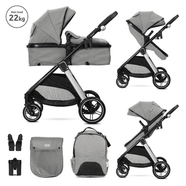 Carucior Set 2 in 1, Aspen, transformabil, set adaptori pentru cos auto, pana la 22 kg, Grey