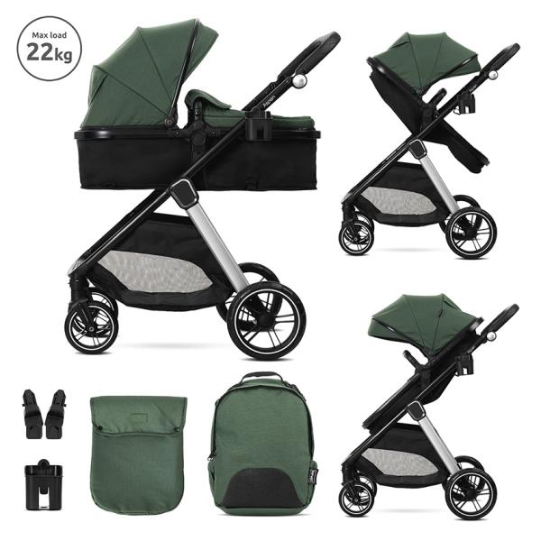 Carucior 2 in 1 - Carucior Set 2 in 1, Aspen, transformabil, set adaptori pentru cos auto, pana la 22 kg, Green, bebelorelli.ro