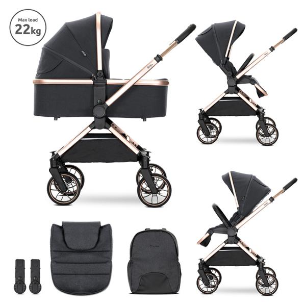 Carucior 2 in 1 - Carucior Set 2 in 1, Reya, cos individual cu maner de transport, maner si sezut reversibile, pana la 22 kg, Black, bebelorelli.ro