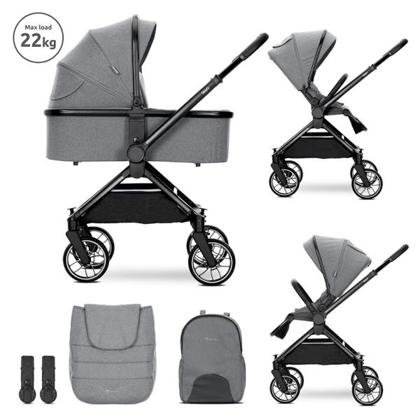 Carucior 2 in 1 - Carucior Set 2 in 1, Reya, cos individual cu maner de transport, maner si sezut reversibile, pana la 22 kg, Grey, bebelorelli.ro