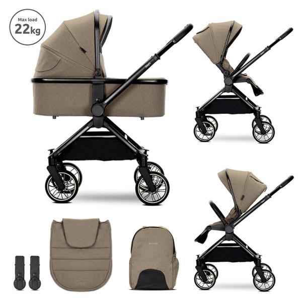 Carucior 2 in 1 - Carucior Set 2 in 1, Reya, cos individual cu maner de transport, maner si sezut reversibile, pana la 22 kg, Beige, bebelorelli.ro