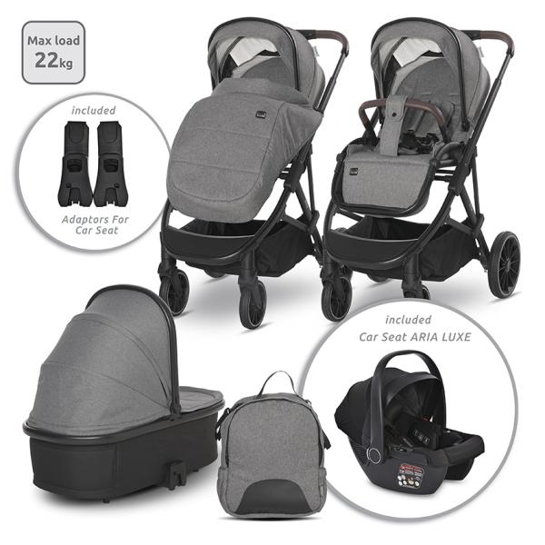 Carucior 3 in 1 - Carucior Set 3 in 1, Aria, cosulet auto Aria Luxe 40-87 cm inclus, multiple accesorii, Grey, bebelorelli.ro