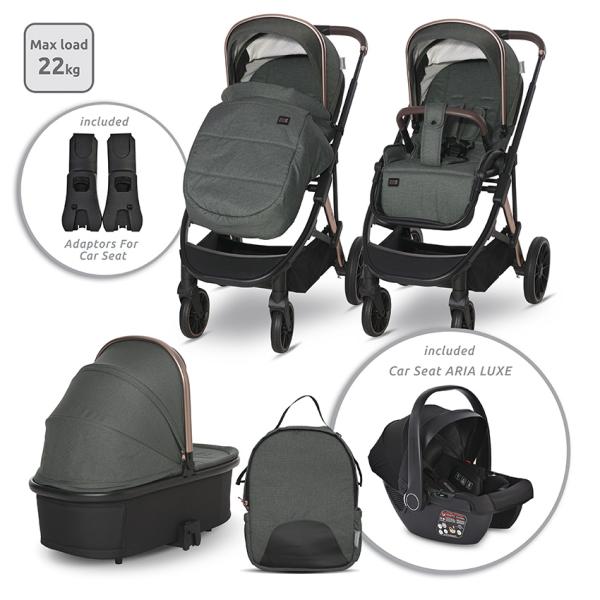Carucior 3 in 1 - Carucior Set 3 in 1, Aria, cosulet auto Aria Luxe 40-87 cm inclus, multiple accesorii, Green, bebelorelli.ro