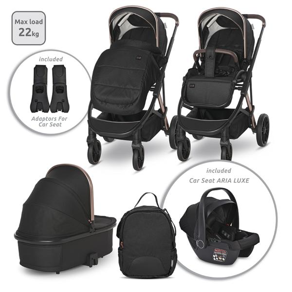 Carucior 3 in 1 - Carucior Set 3 in 1, Aria, cosulet auto Aria Luxe 40-87 cm inclus, multiple accesorii, Black, bebelorelli.ro
