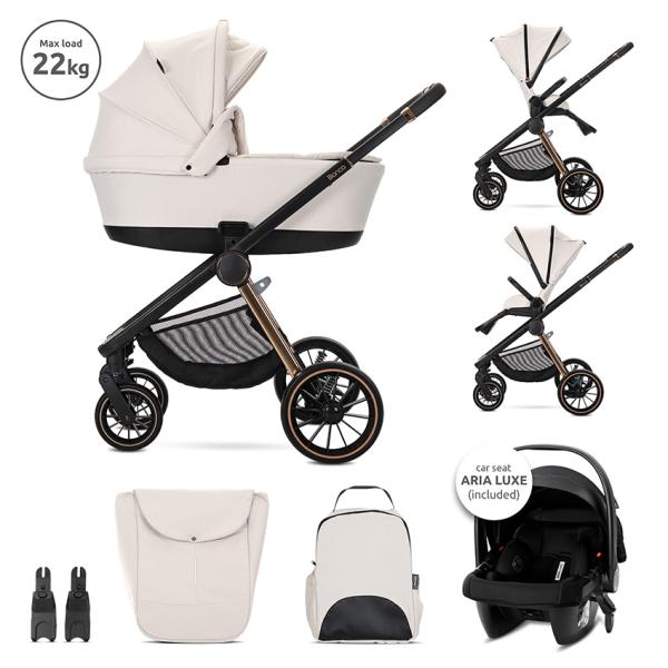 Carucior 3 in 1 - Carucior Set 3 in 1, Bianca, cos landou individual, cosulet auto Aria Luxe inclus, cadru din aluminiu, pana la 22 kg, Beige Latte, bebelorelli.ro