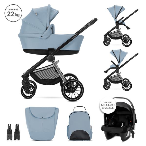 Carucior 3 in 1 - Carucior Set 3 in 1, Bianca, cos landou individual, cosulet auto Aria Luxe inclus, cadru din aluminiu, pana la 22 kg, Blue, bebelorelli.ro