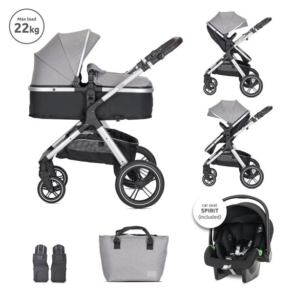 Carucior 3 in 1 - Carucior Set 3 in1, Viola, cos auto Spirit inclus, transformabil, sezut reversibil,  pana la 22 kg, Grey, bebelorelli.ro