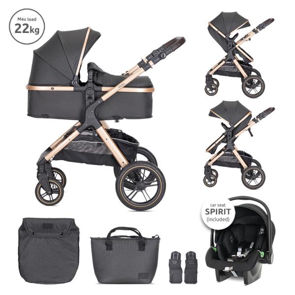 Carucior 3 in 1 - Carucior Set 3 in1, Viola, cos auto Spirit inclus, transformabil, sezut reversibil,  pana la 22 kg, Black, bebelorelli.ro