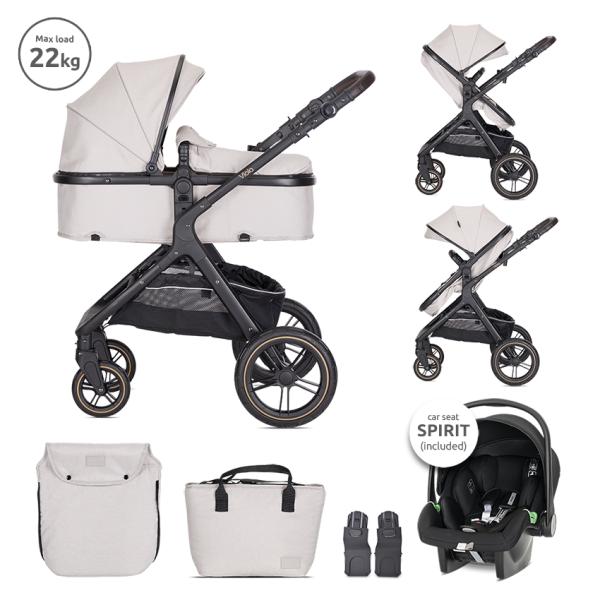 Carucior 3 in 1 - Carucior Set 3 in1, Viola, cos auto Spirit inclus, transformabil, sezut reversibil,  pana la 22 kg, Beige, bebelorelli.ro