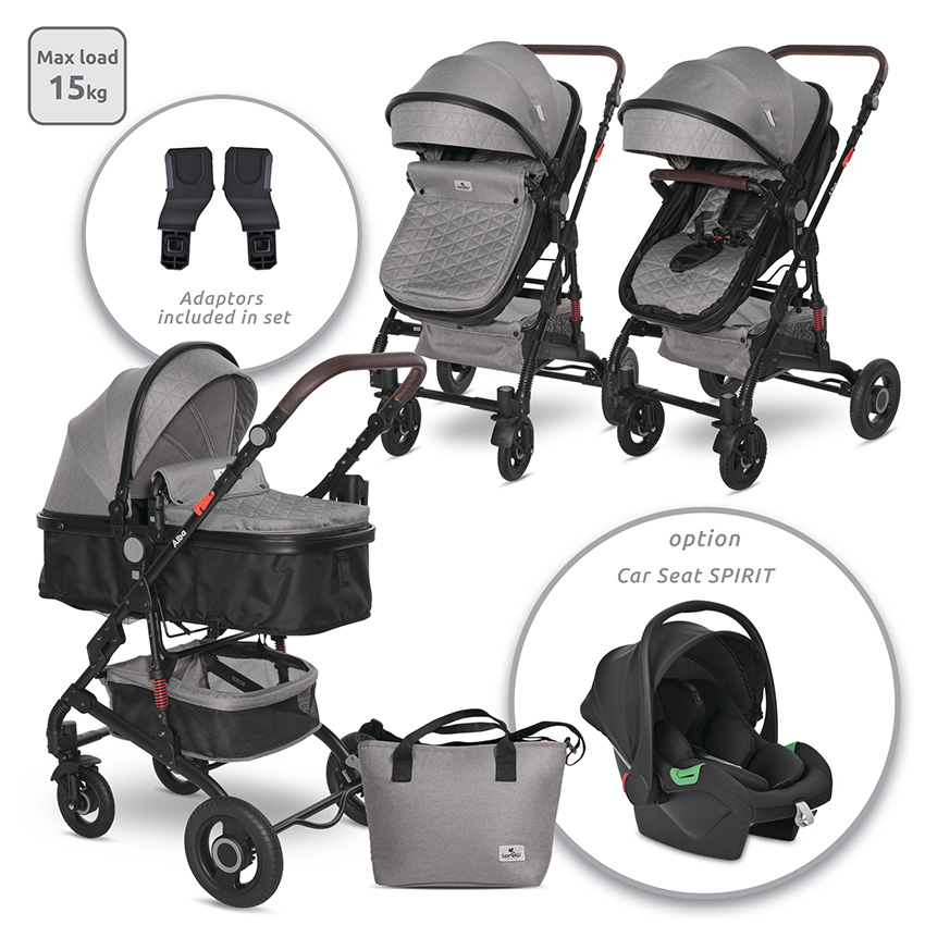 Carucior 2 in 1 - Carucior Alba Premium, landou transformabil, adaptori scoica, de la 0 luni pana la 3 ani, maxim 15 kg, Opaline Grey, bebelorelli.ro